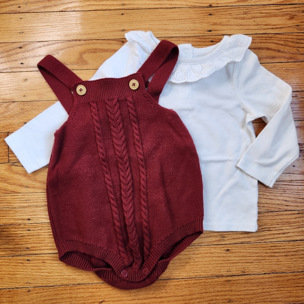 Cat & Jack white long sleeve and red sweater romper set 12 M